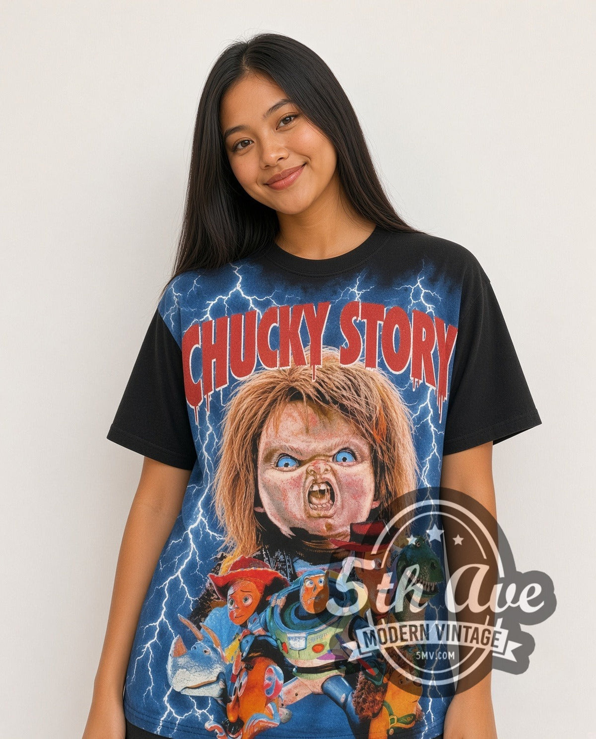 Model wearing the Chucky Story all-over-print vintage movie t-shirt, photo 4