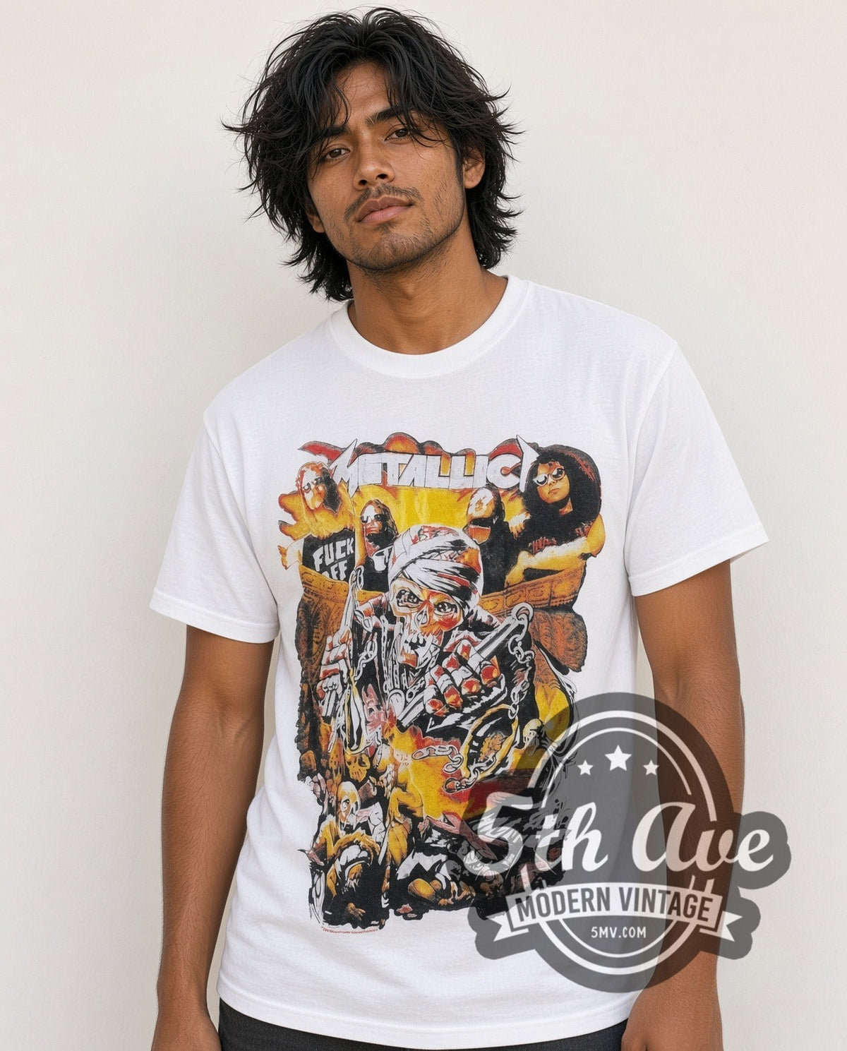 Model wearing the Metallica Don't Tread on Me all-over-print vintage band t-shirt
