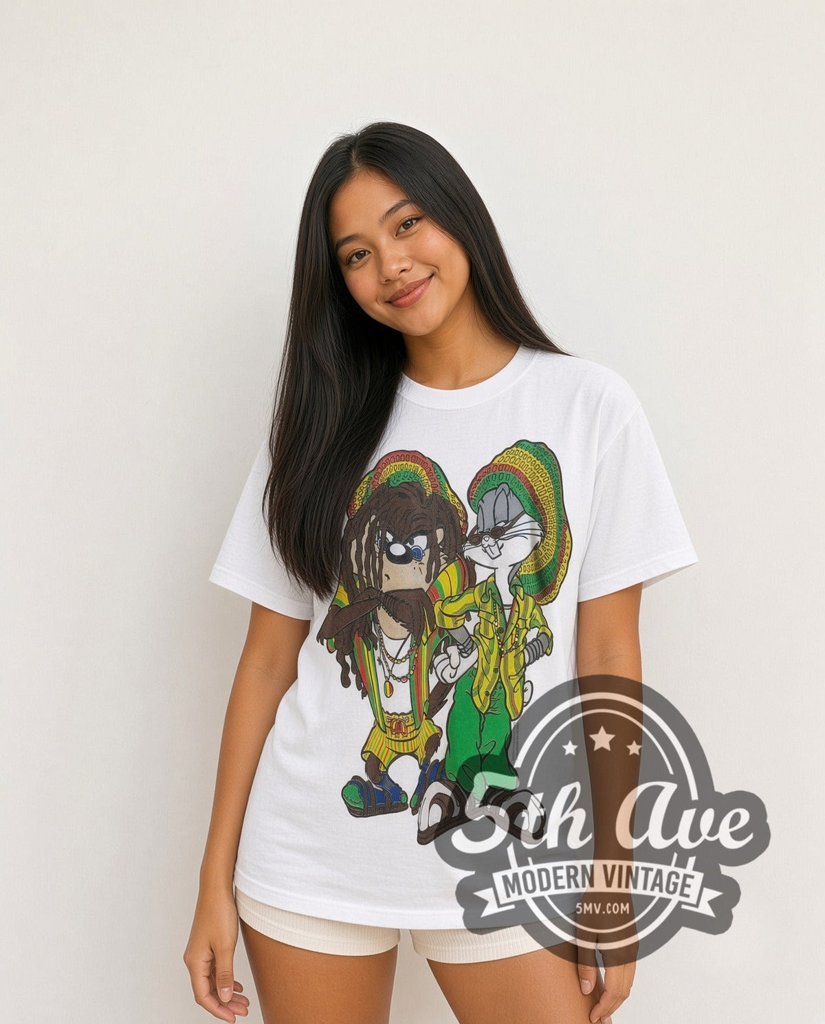 Model wearing the Bugs Bunny and Tasmanian Devil vintage cartoon tee