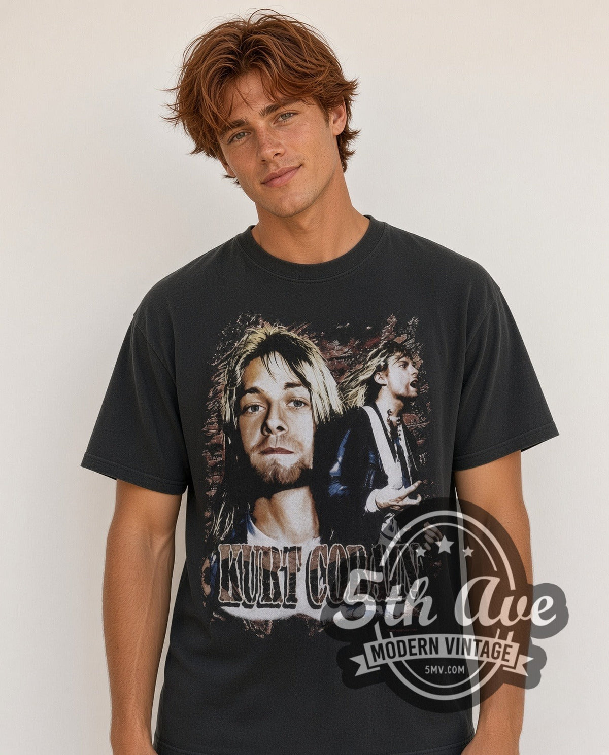 Model wearing the Kurt Cobain With Band vintage band t-shirt in black