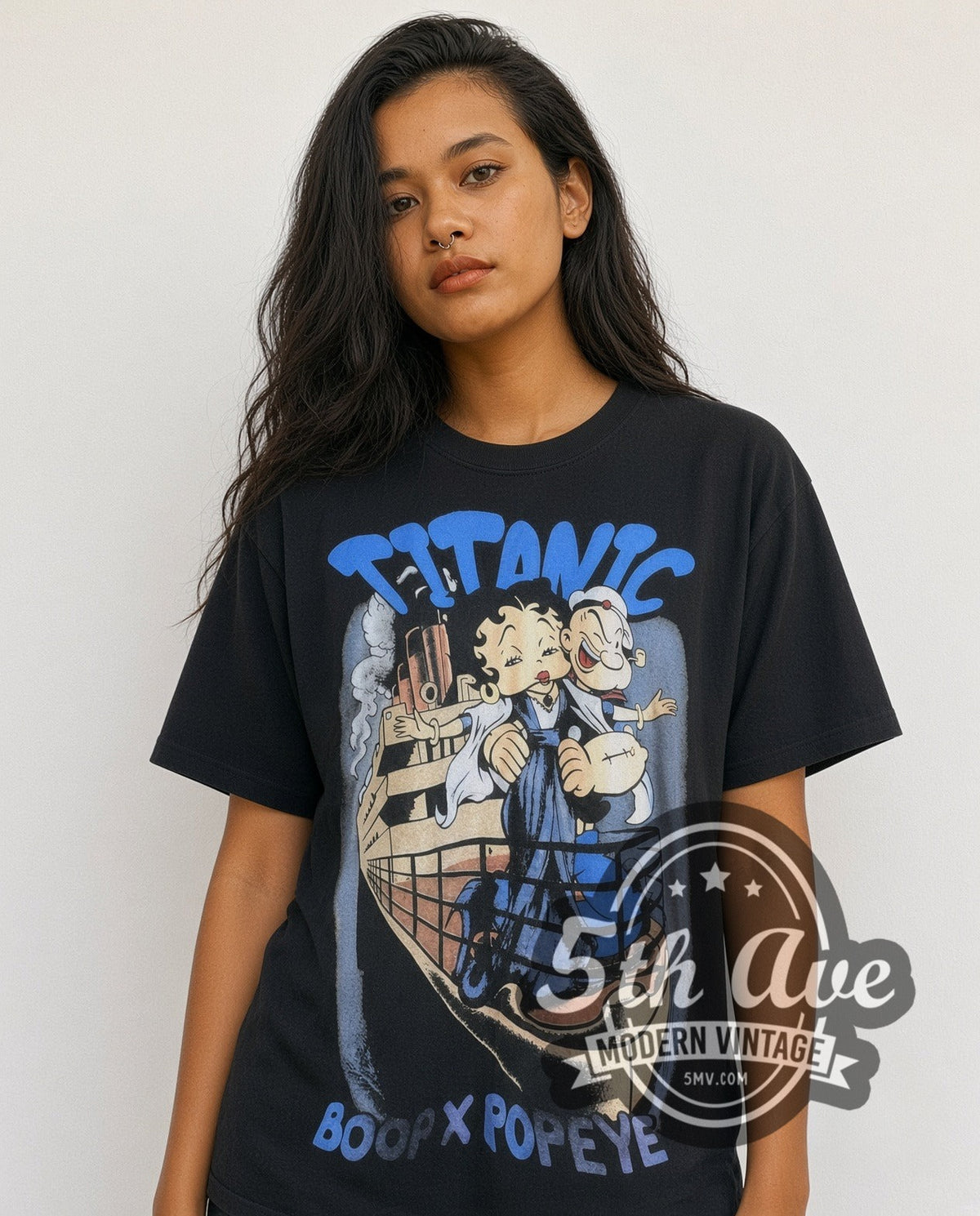 Model wearing the Betty Boop, Popeye and Titanic vintage cartoon tee