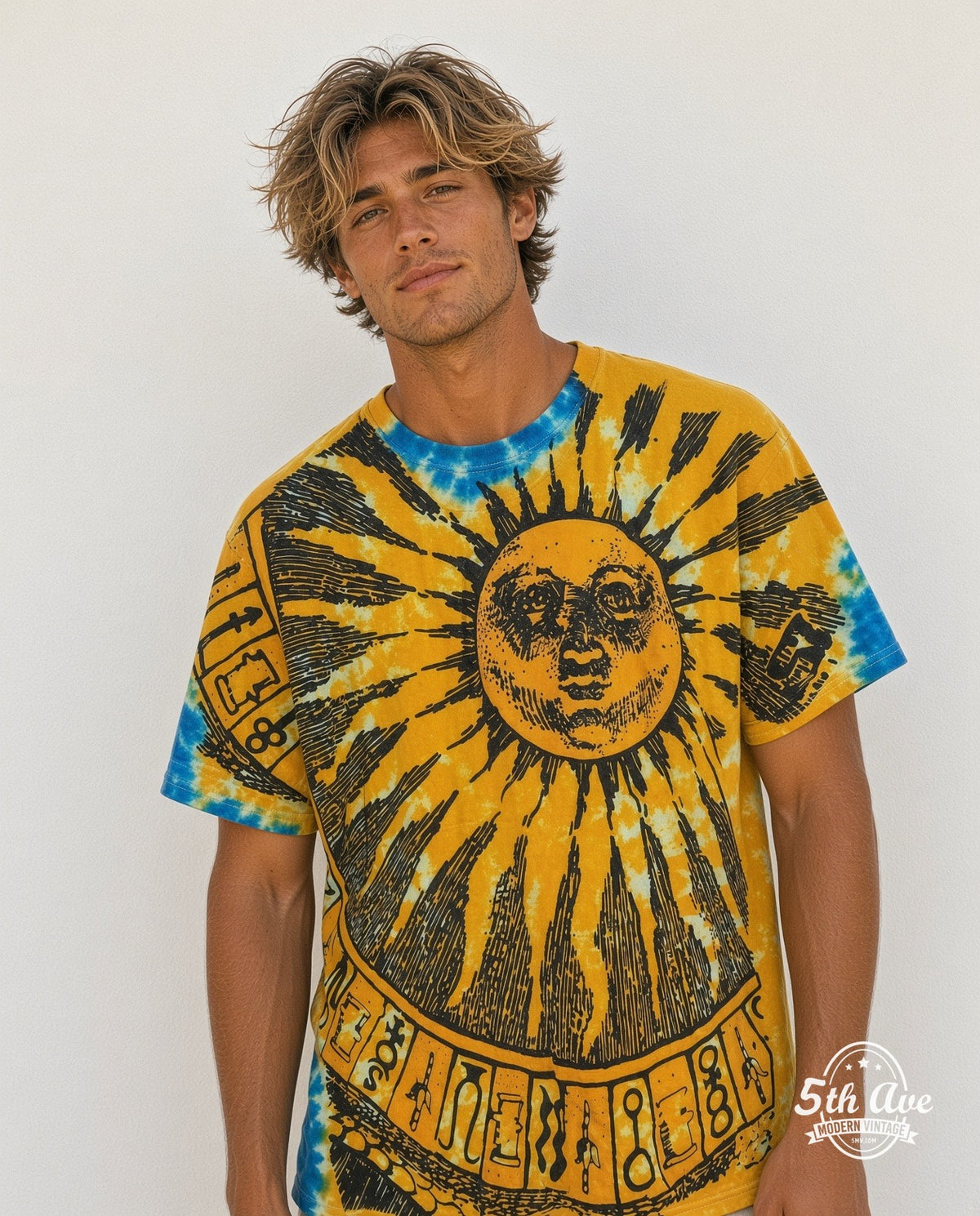 Model wearing the Sun and Moon Tie-Dye Sun and Moon all-over-print vintage graphic tee