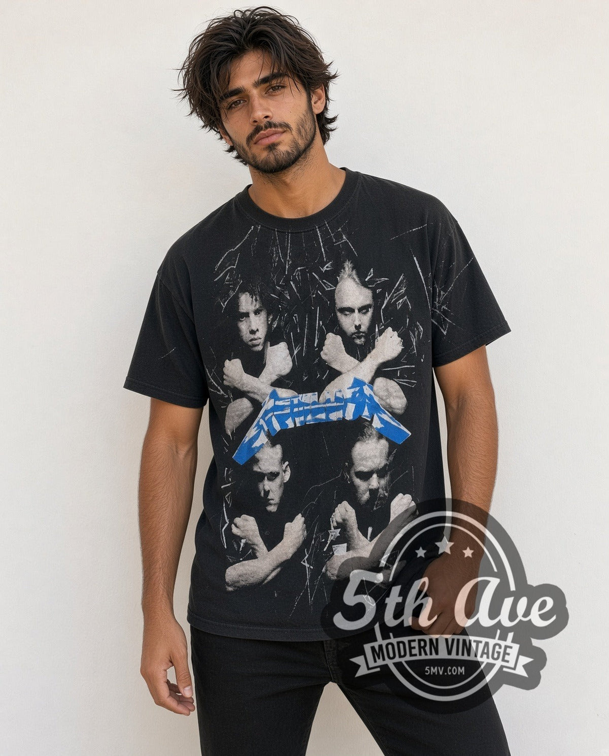 Model wearing the Metallica Unleash the Metal all-over-print vintage band t-shirt