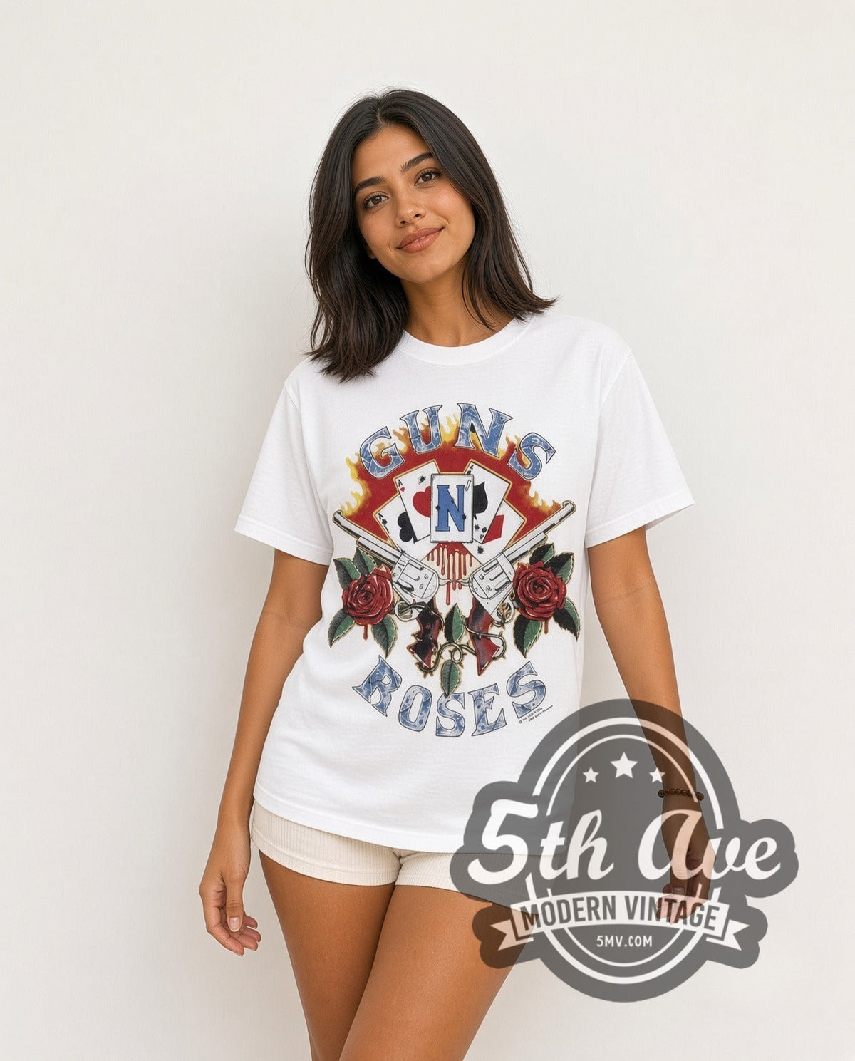 Model wearing the Guns N Roses Guns and Roses vintage band t-shirt in white