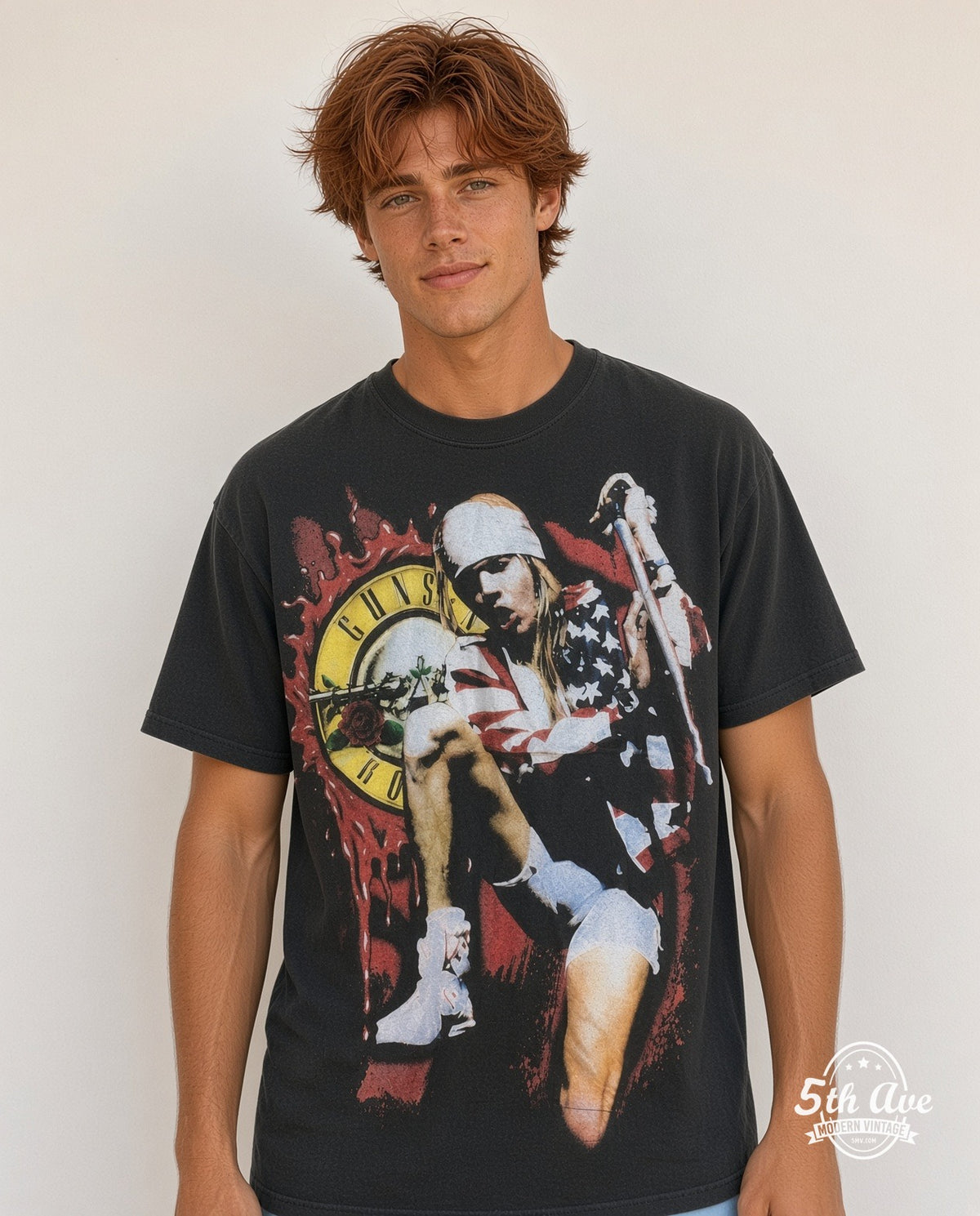 Model wearing the Guns N' Roses Axl Rose American Flag Splatter Logo vintage band t-shirt