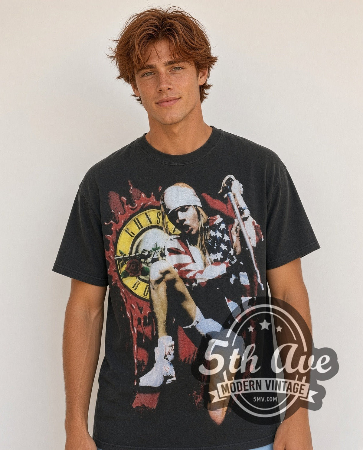 Model wearing the Guns N' Roses Axl Rose American Flag Splatter Logo vintage band t-shirt