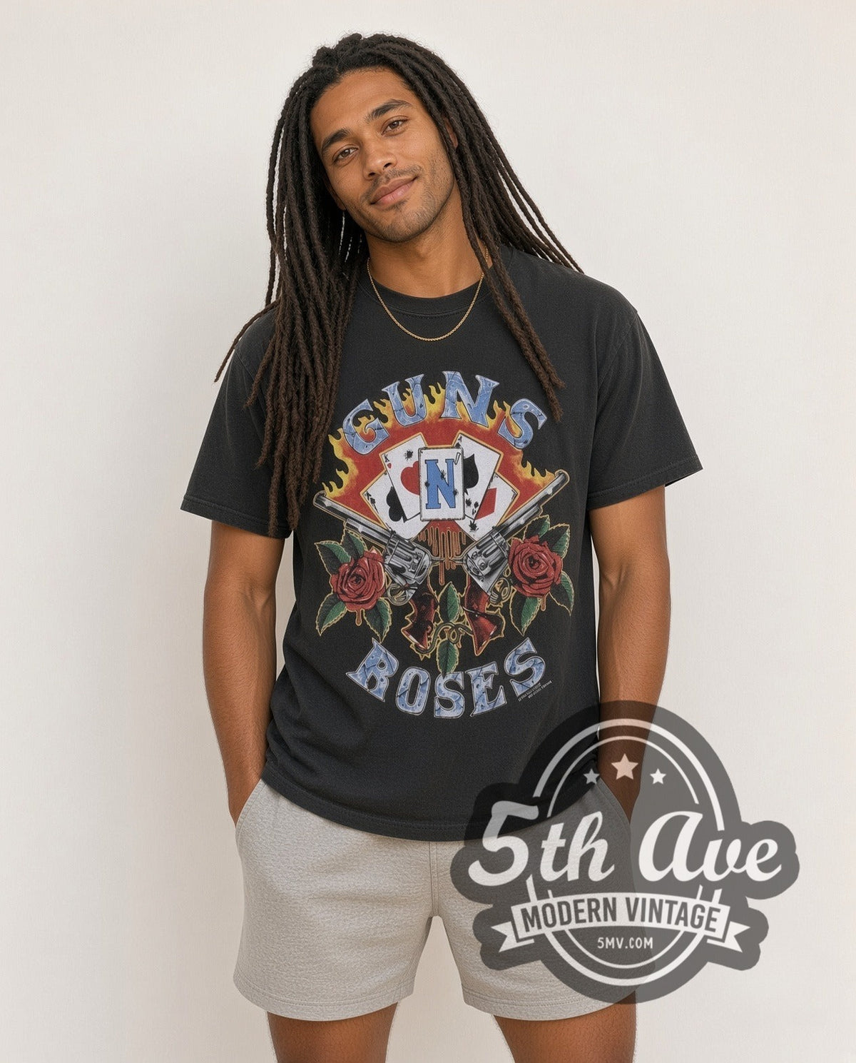 Model wearing the Guns N Roses Guns and Roses vintage band t-shirt in black