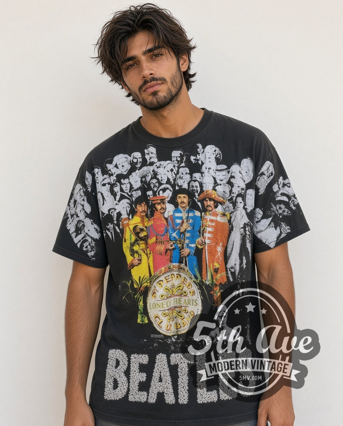 Model wearing The Beatles Hearts vintage band t-shirt