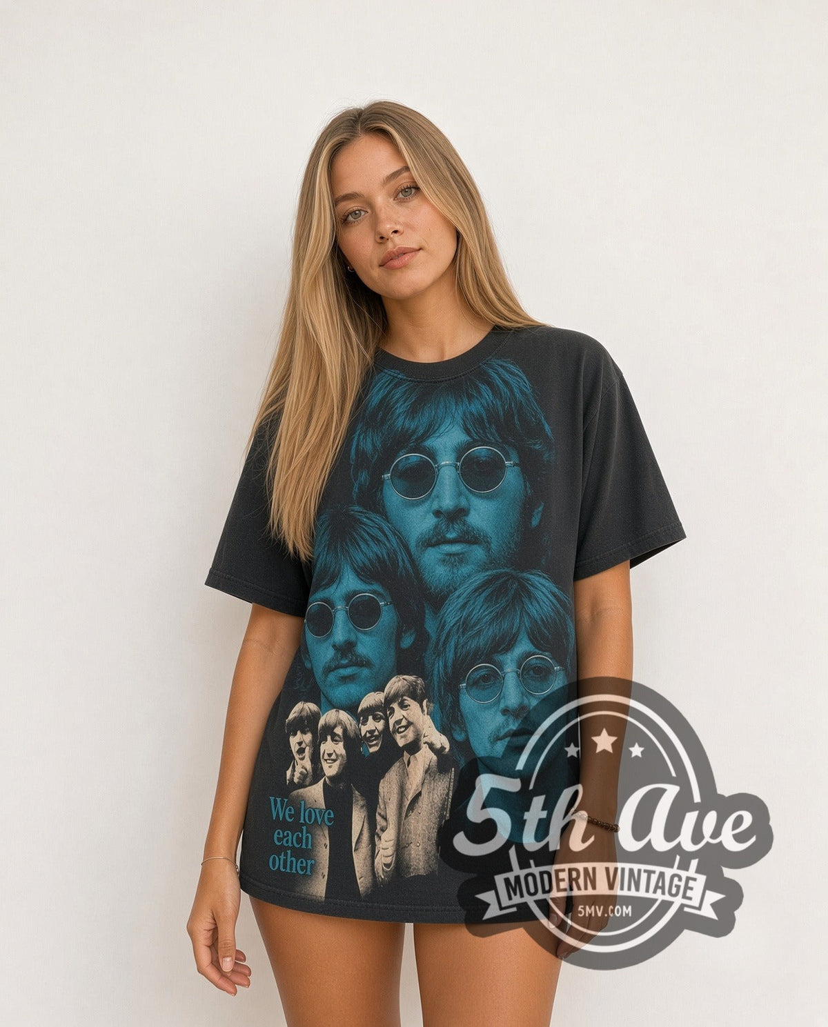 Model wearing The Beatles Oh They Are Back! all-over-print vintage band t-shirt