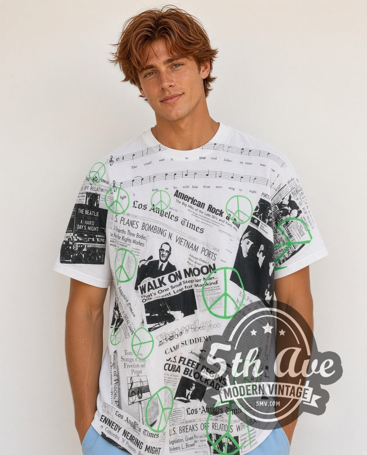 Model wearing The Beatles Los Angeles Times all-over-print vintage band t-shirt