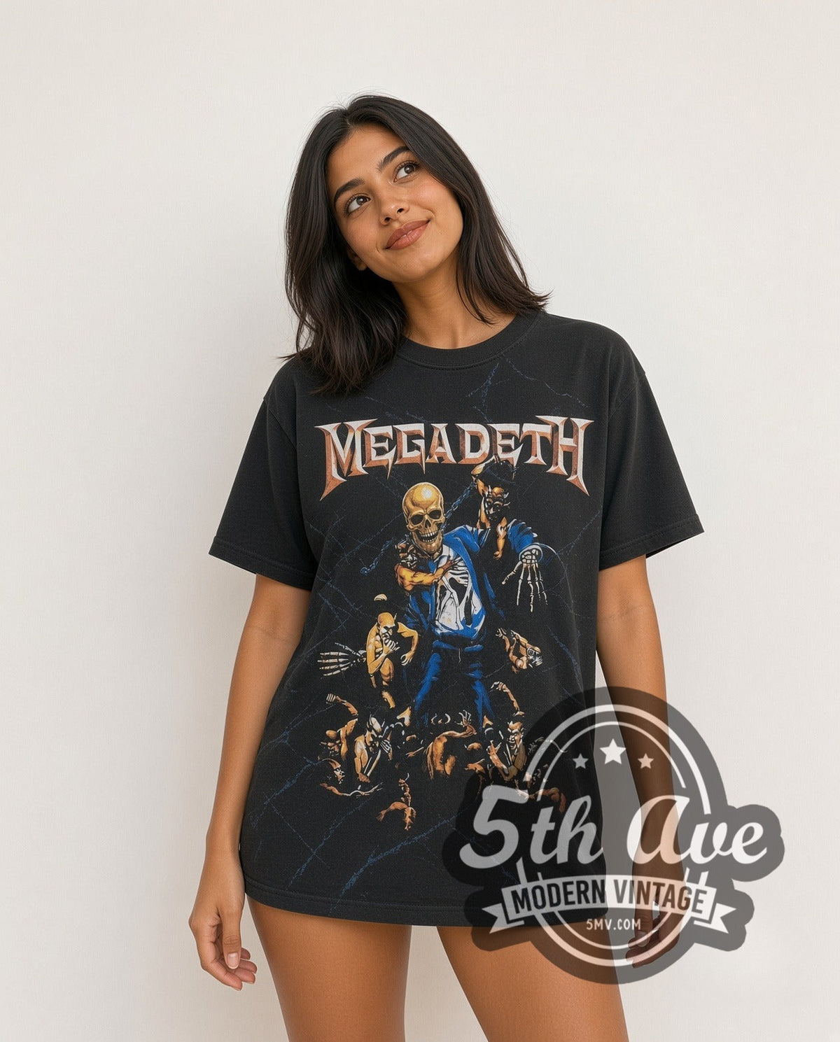 Model wearing the Megadeth Holy Wars Vic Rattlehead all-over-print vintage band t-shirt