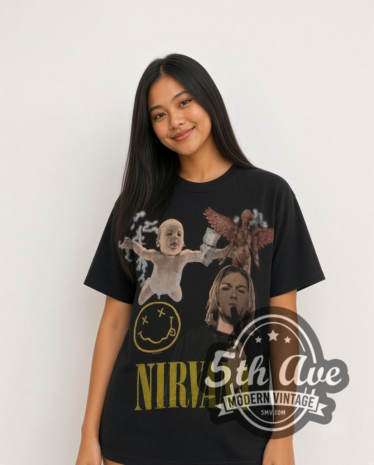 Model wearing the Nirvana Nevermind Baby Smiley Kurt Collage all-over-print vintage band t-shirt