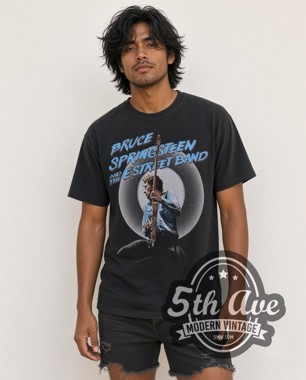 Model wearing the Bruce Springsteen E Street Band vintage band t-shirt in black
