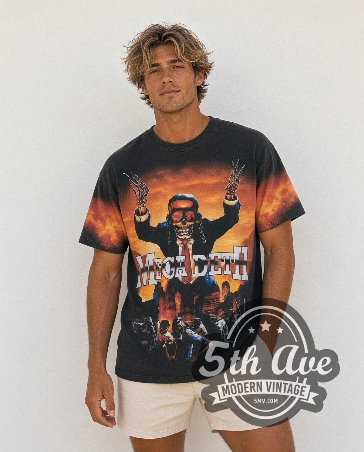 Model wearing the Megadeth Peace Sells Vic Rattlehead Tuxedo all-over-print vintage band t-shirt