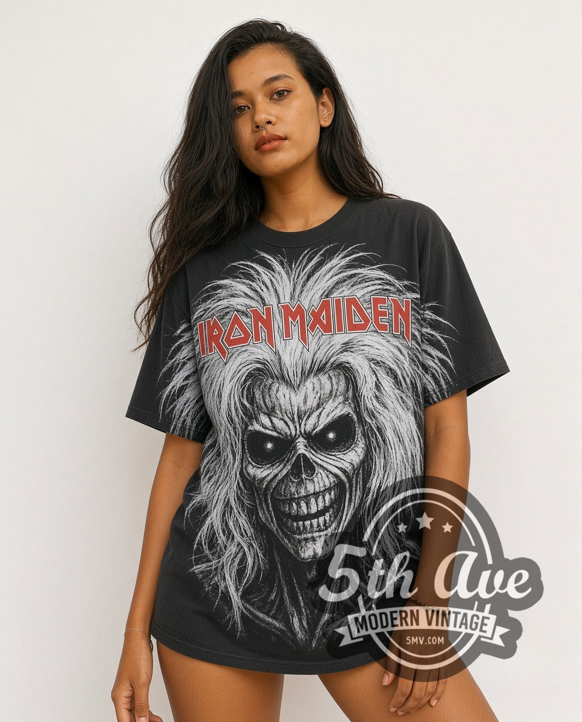 Model wearing the Iron Maiden Killers Oversized Debut Eddie Face all-over-print vintage band t-shirt