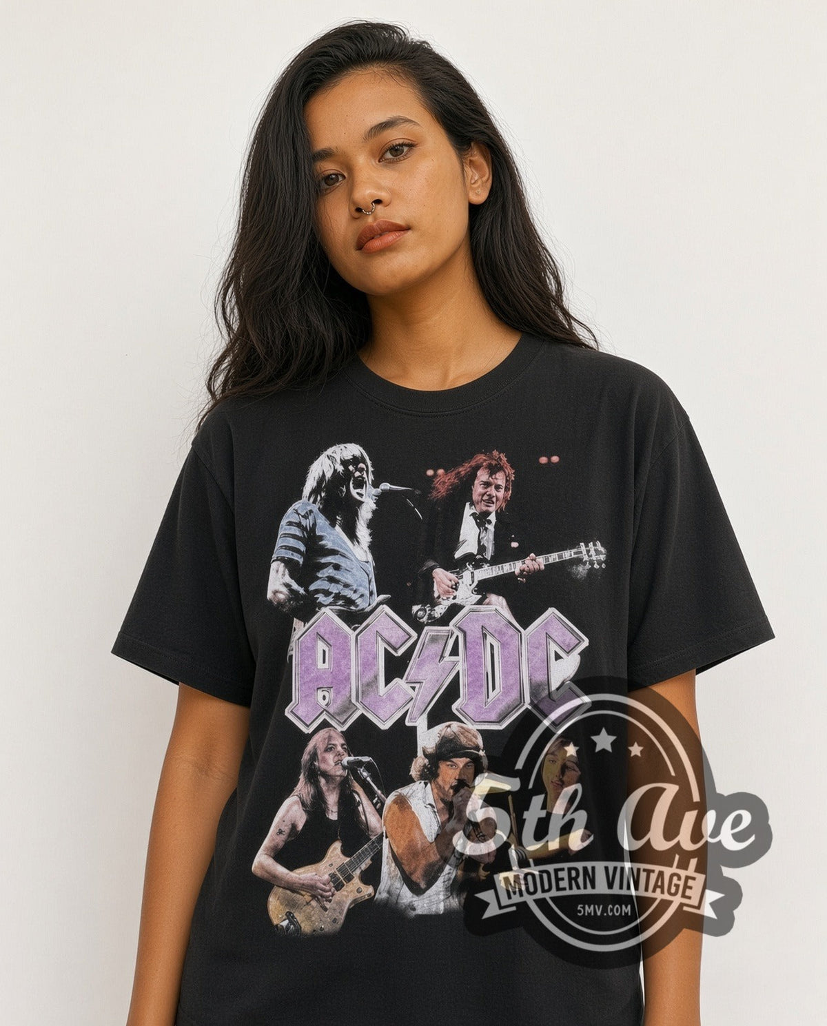 Model wearing the AC/DC Purple Logo Band vintage band t-shirt in black