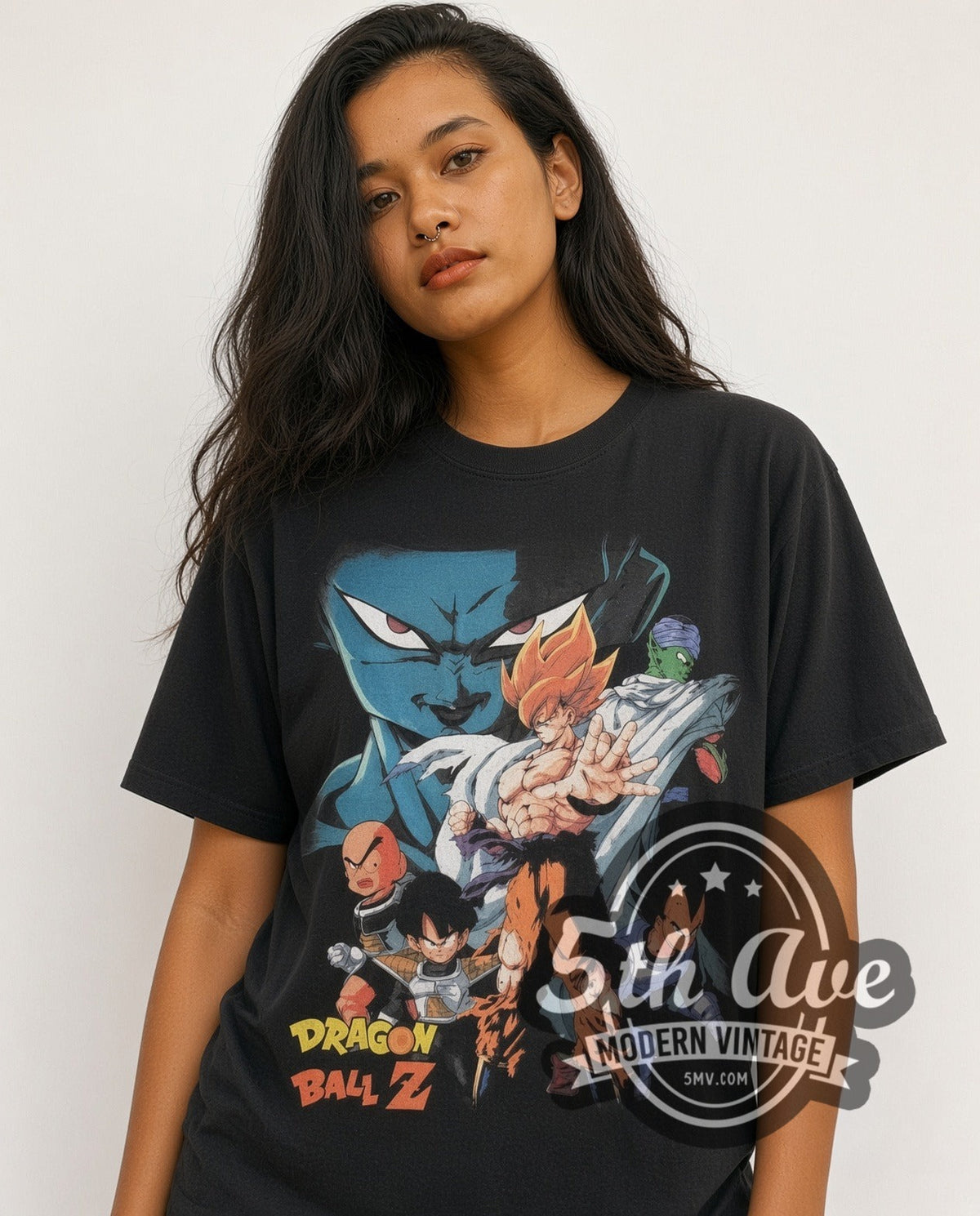 Model wearing the Dragon Ball Z Super Saiyan Characters vintage graphic t-shirt