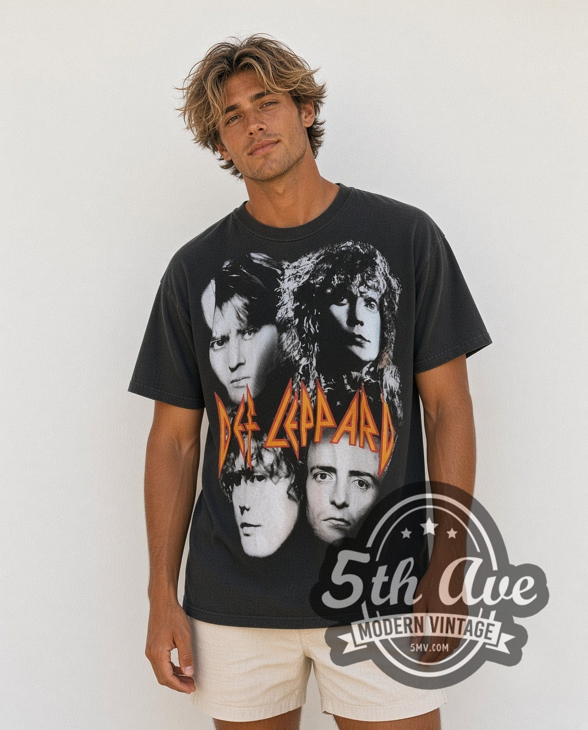 Model wearing the Def Leppard The Never Ending Weekend Tour 1993 all-over-print vintage band t-shirt