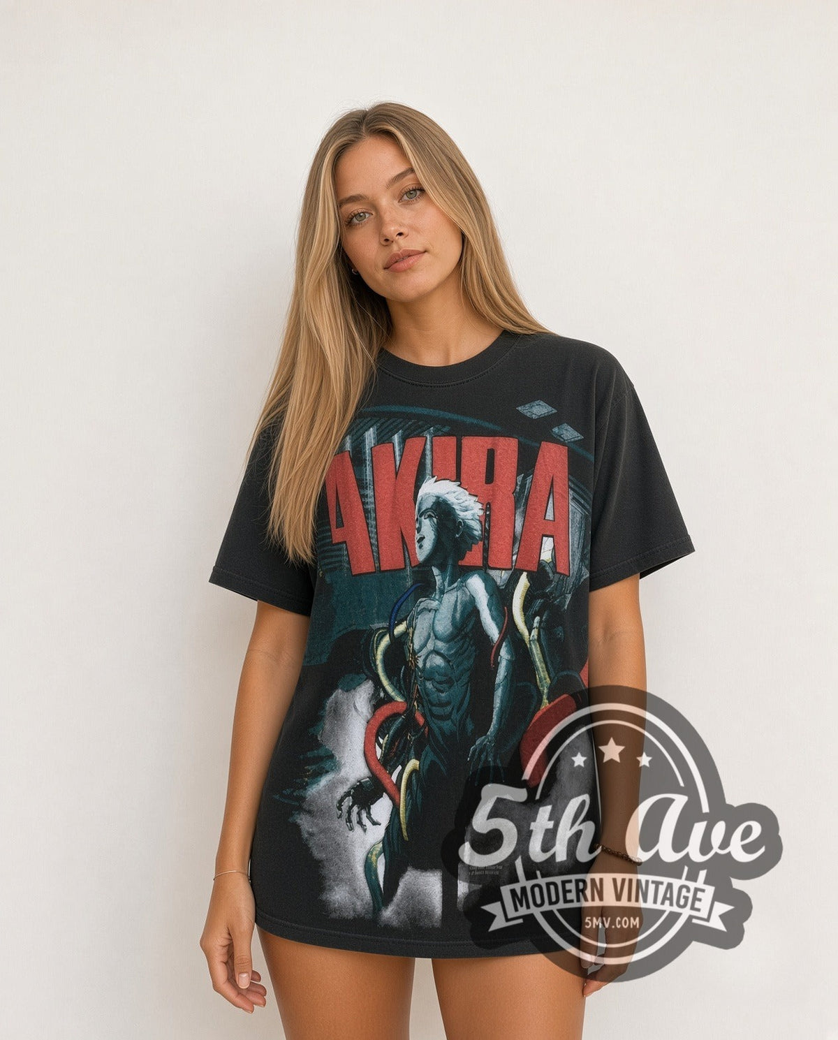 Model wearing the AKIRA Tetsuo Shima all-over-print vintage graphic t-shirt