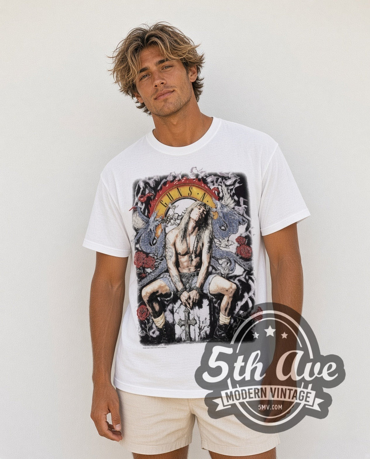 Model wearing the Guns N Roses Axl and Dragon vintage band t-shirt in white