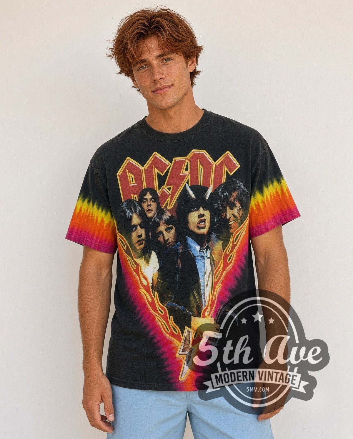 Model wearing the AC/DC Highway to Hell Flame V Pink Yellow Tie-Dye vintage band t-shirt