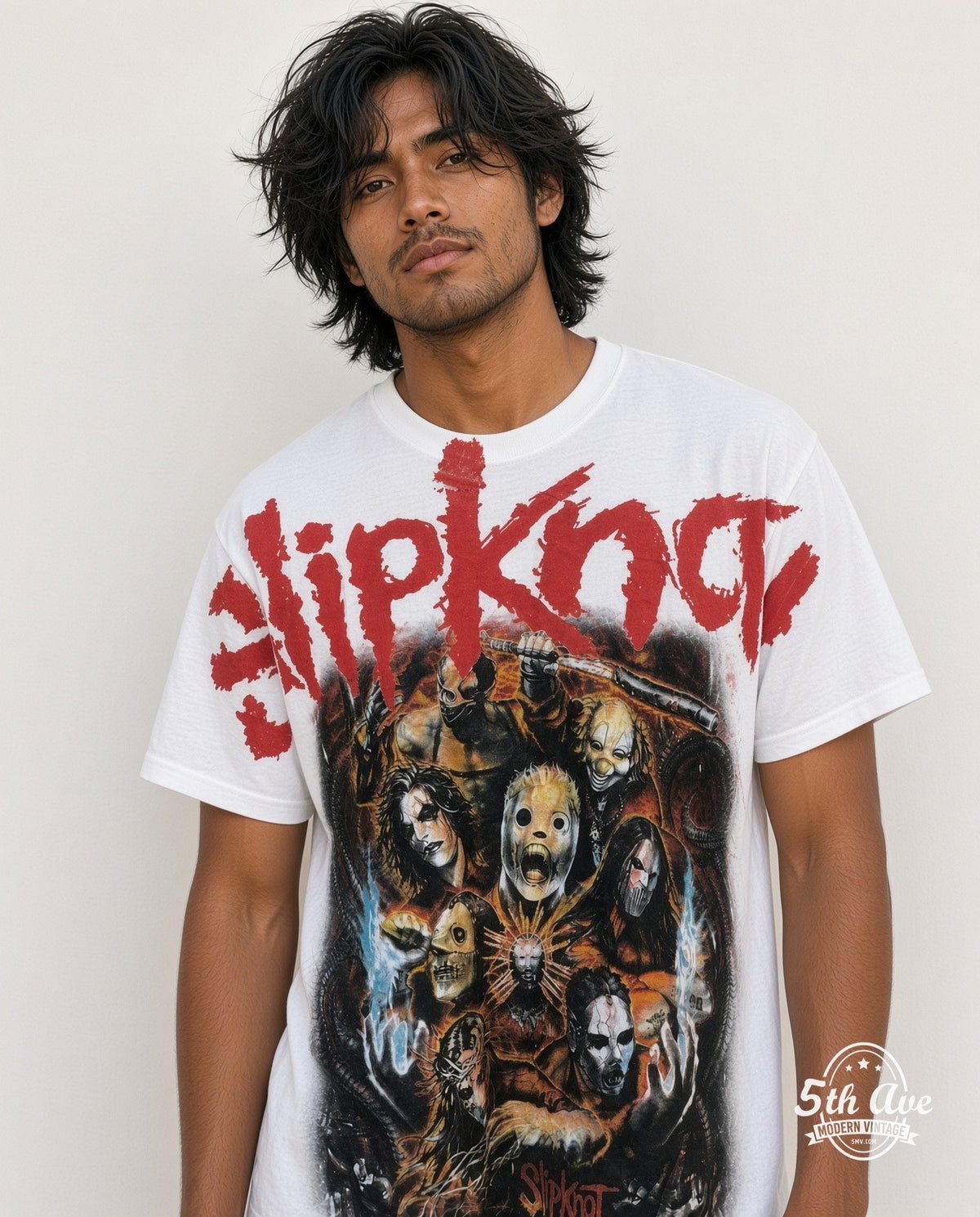 Model wearing the Slipknot Masks and Goat all-over-print vintage band t-shirt in white