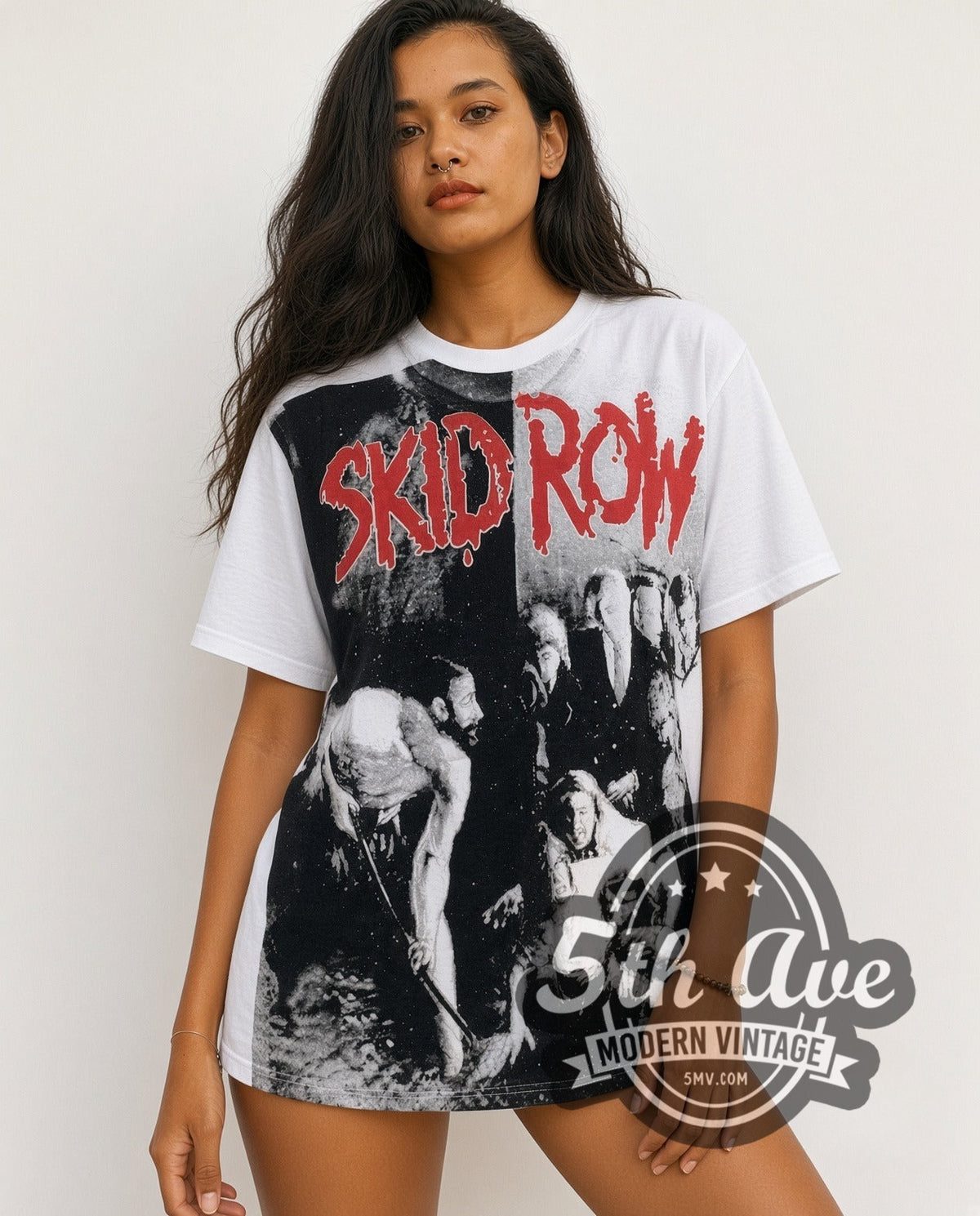 Model wearing the Skid Row Slave to the Grind all-over-print vintage band t-shirt in white