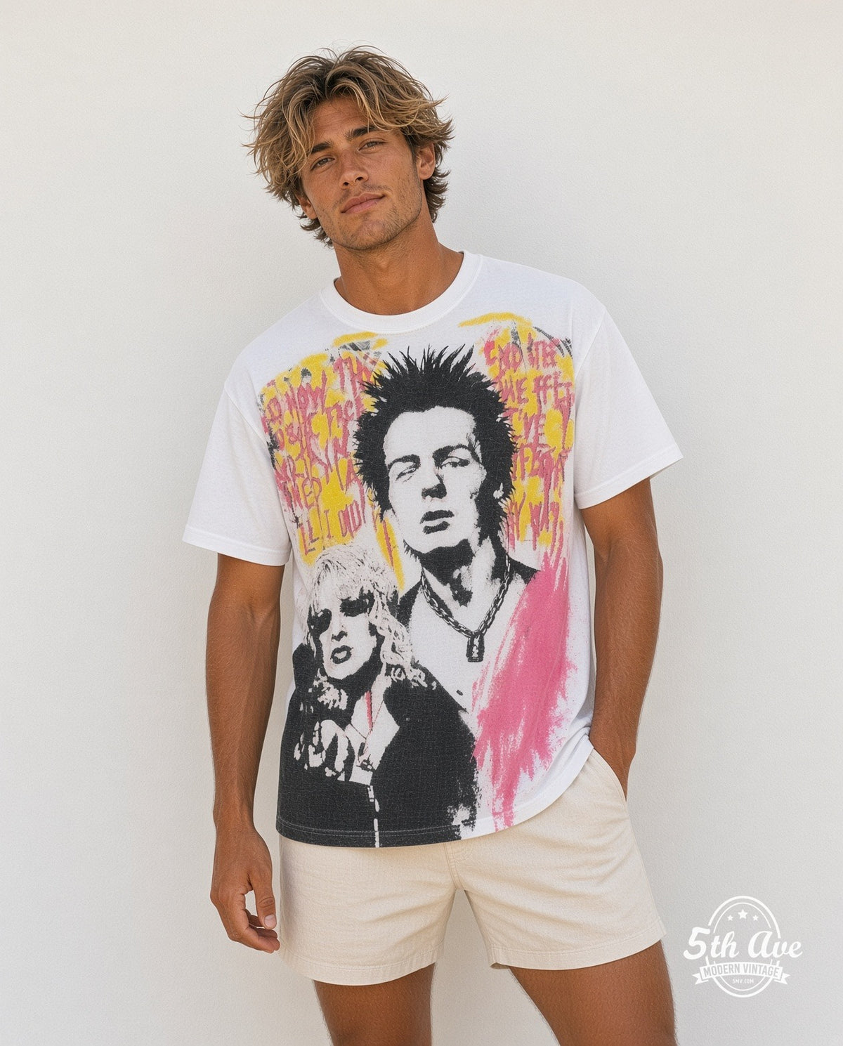 Model wearing the Sex Pistols Sid Vicious and Nancy all-over-print vintage band t-shirt