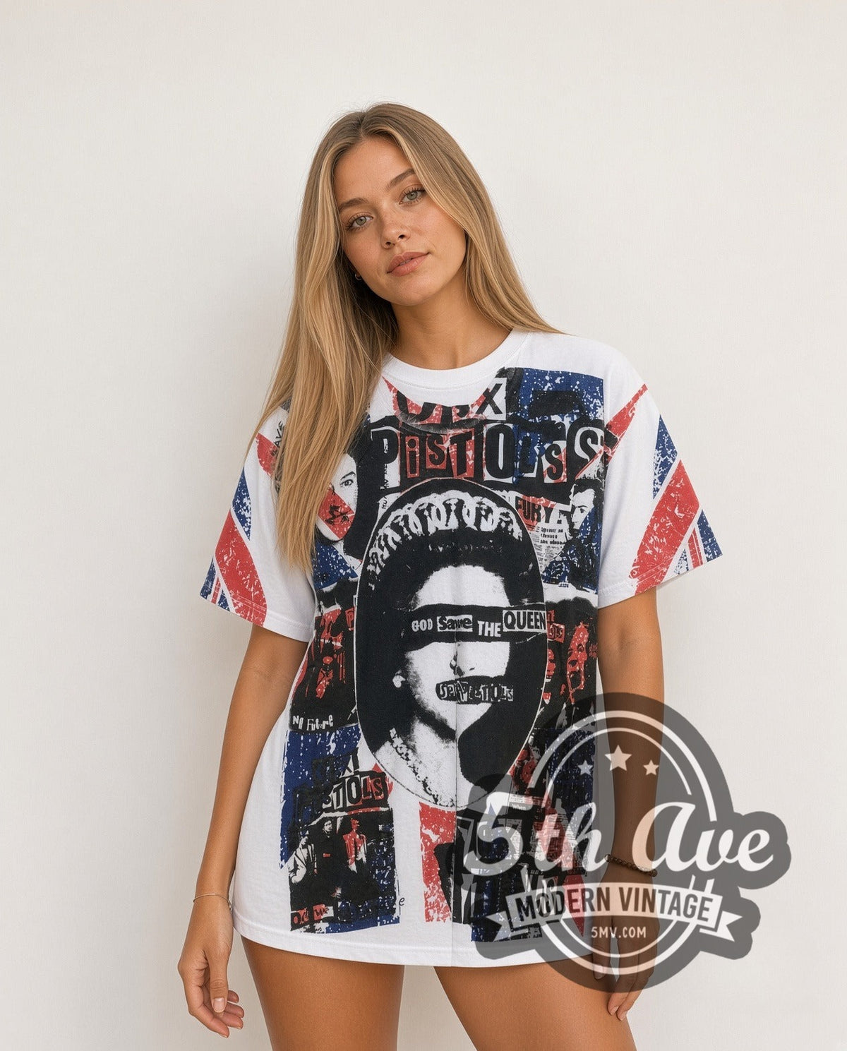 Model wearing the Sex Pistols God Save the Queen all-over-print vintage band t-shirt