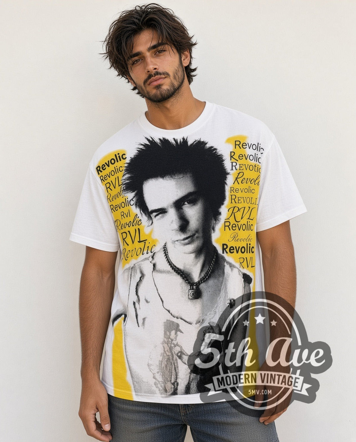 Model wearing the Sex Pistols Sid Vicious all-over-print vintage band t-shirt