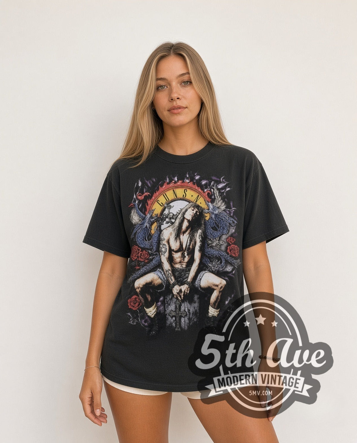 Model wearing the Guns N Roses Axl and Dragon vintage band t-shirt in black