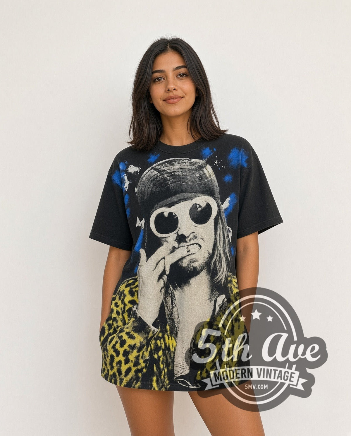 Model wearing the Nirvana Kurt Cobain White Sunglasses Leopard Jacket all-over-print vintage band t-shirt in black