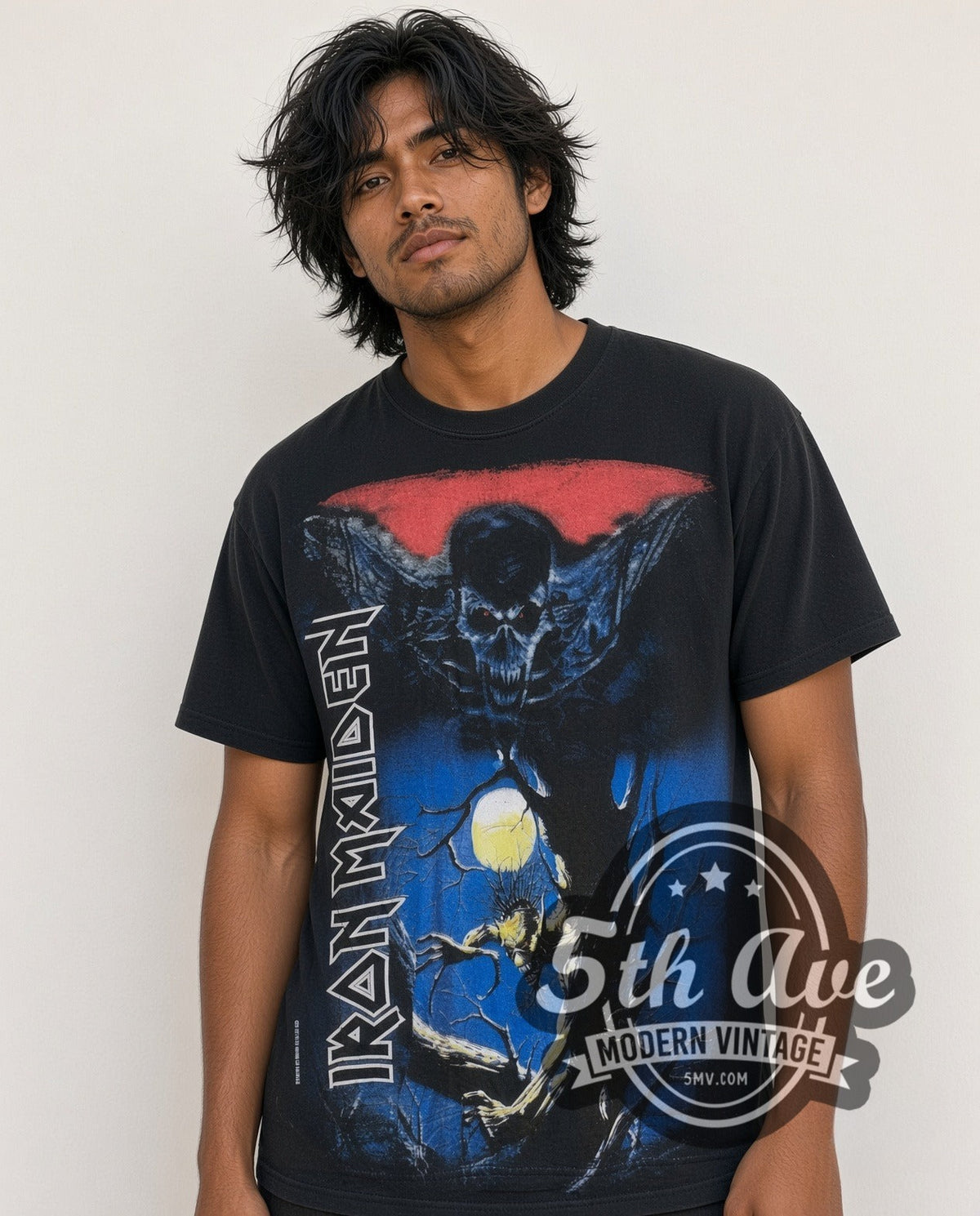 Model wearing the Iron Maiden Fear of the Dark Eddie Tree Spirit all-over-print vintage band t-shirt