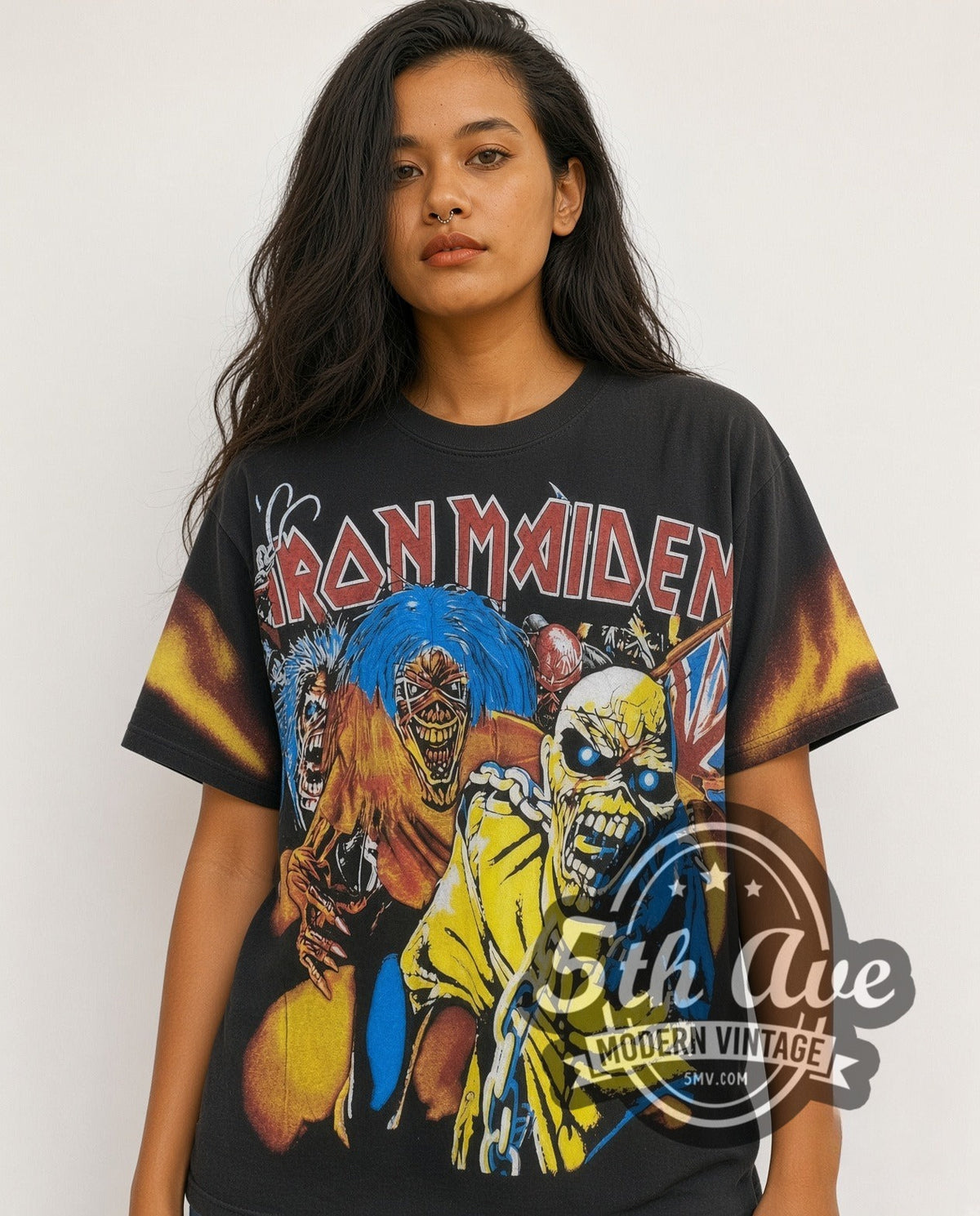 Model wearing the Iron Maiden Artwork all-over-print vintage band t-shirt