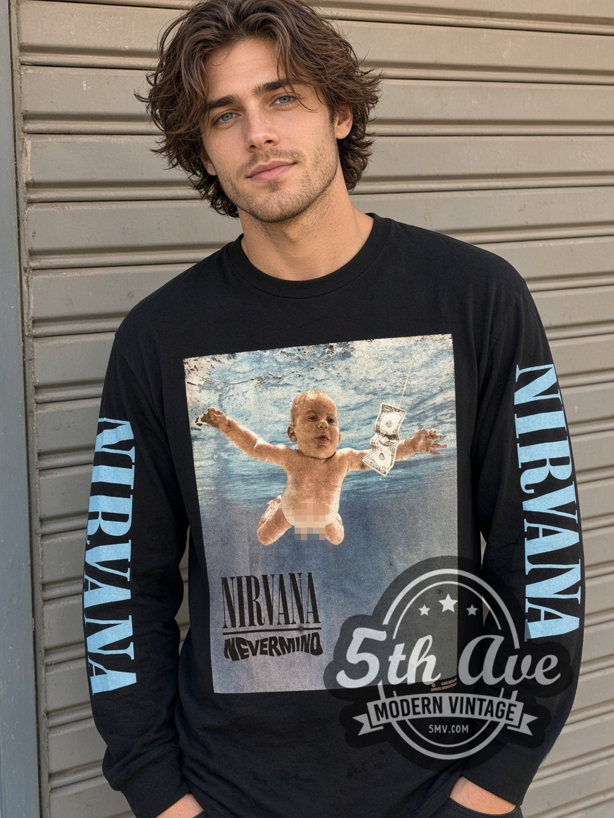 Model wearing the Nirvana Nevermind vintage band long sleeve t-shirt