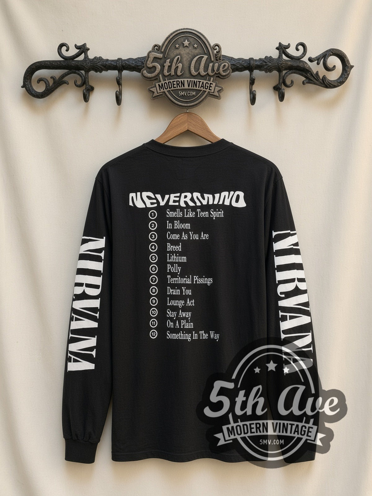 Nirvana Nevermind vintage band long sleeve t-shirt, back view on a display rack