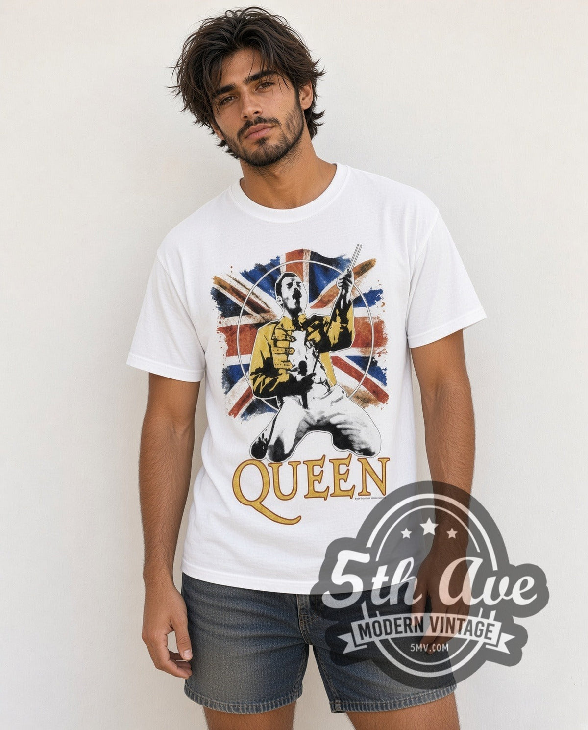 Model wearing the Queen Freddie Union Jack vintage band t-shirt in white