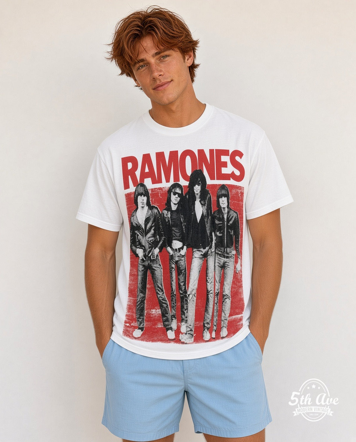 Model wearing The Ramones Red Band Photo all-over-print vintage band t-shirt in white
