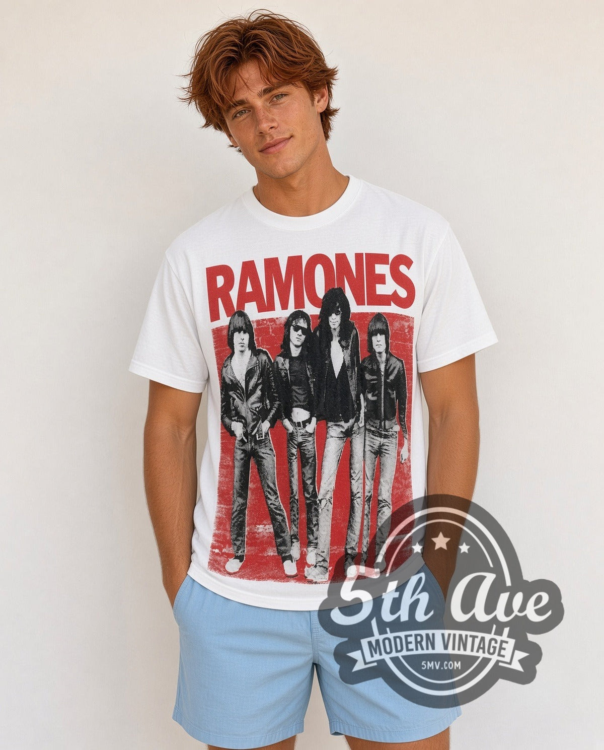 Model wearing The Ramones Red Band Photo all-over-print vintage band t-shirt in white