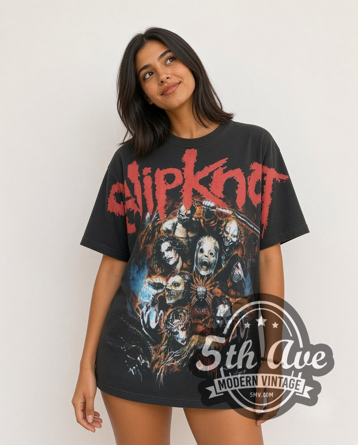 Model wearing the Slipknot Nine Mask Fiery Group Collage vintage band t-shirt