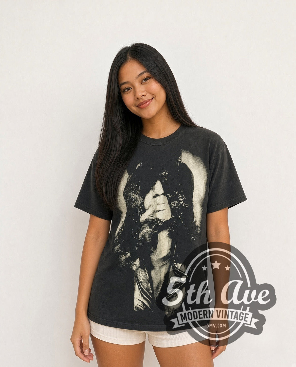 Model wearing the Slash Portrait all-over-print vintage band t-shirt