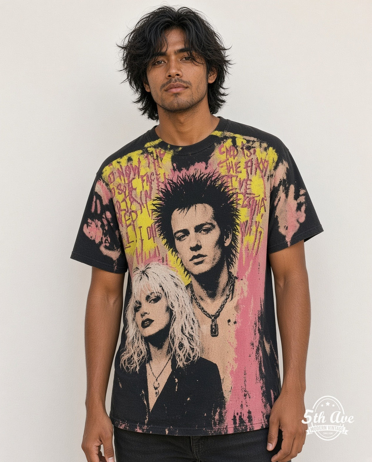 Model wearing the Sex Pistols Sid Vicious vintage band t-shirt