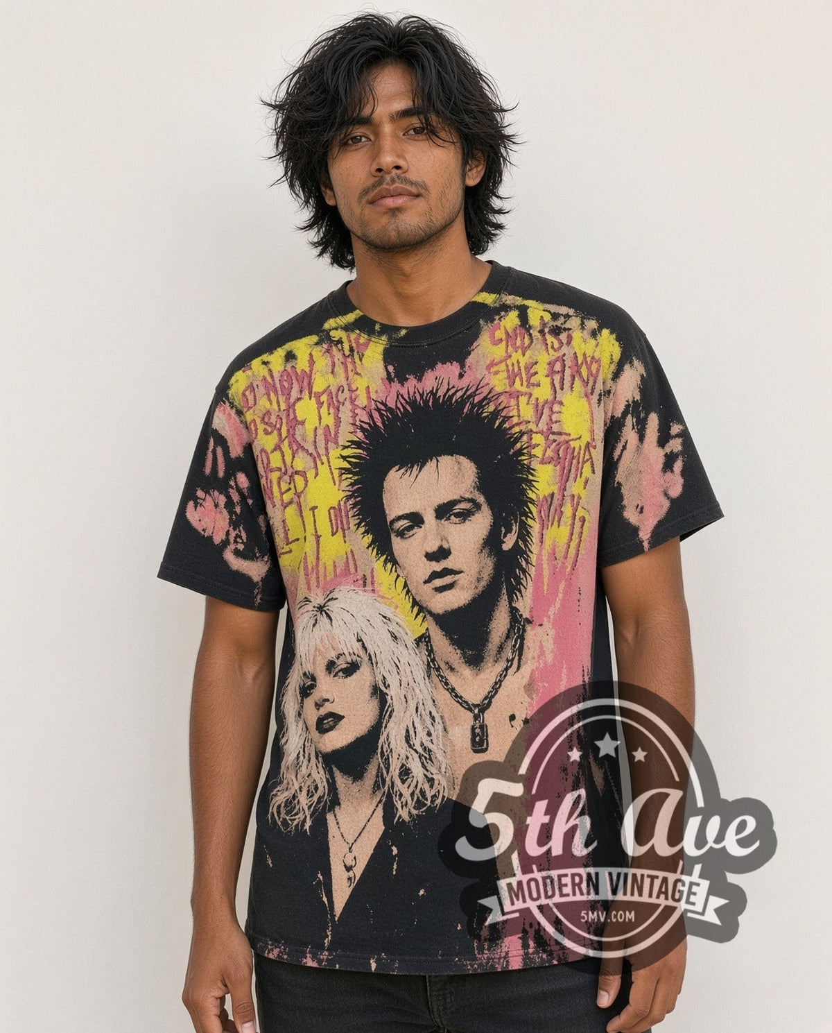 Model wearing the Sex Pistols Sid Vicious vintage band t-shirt