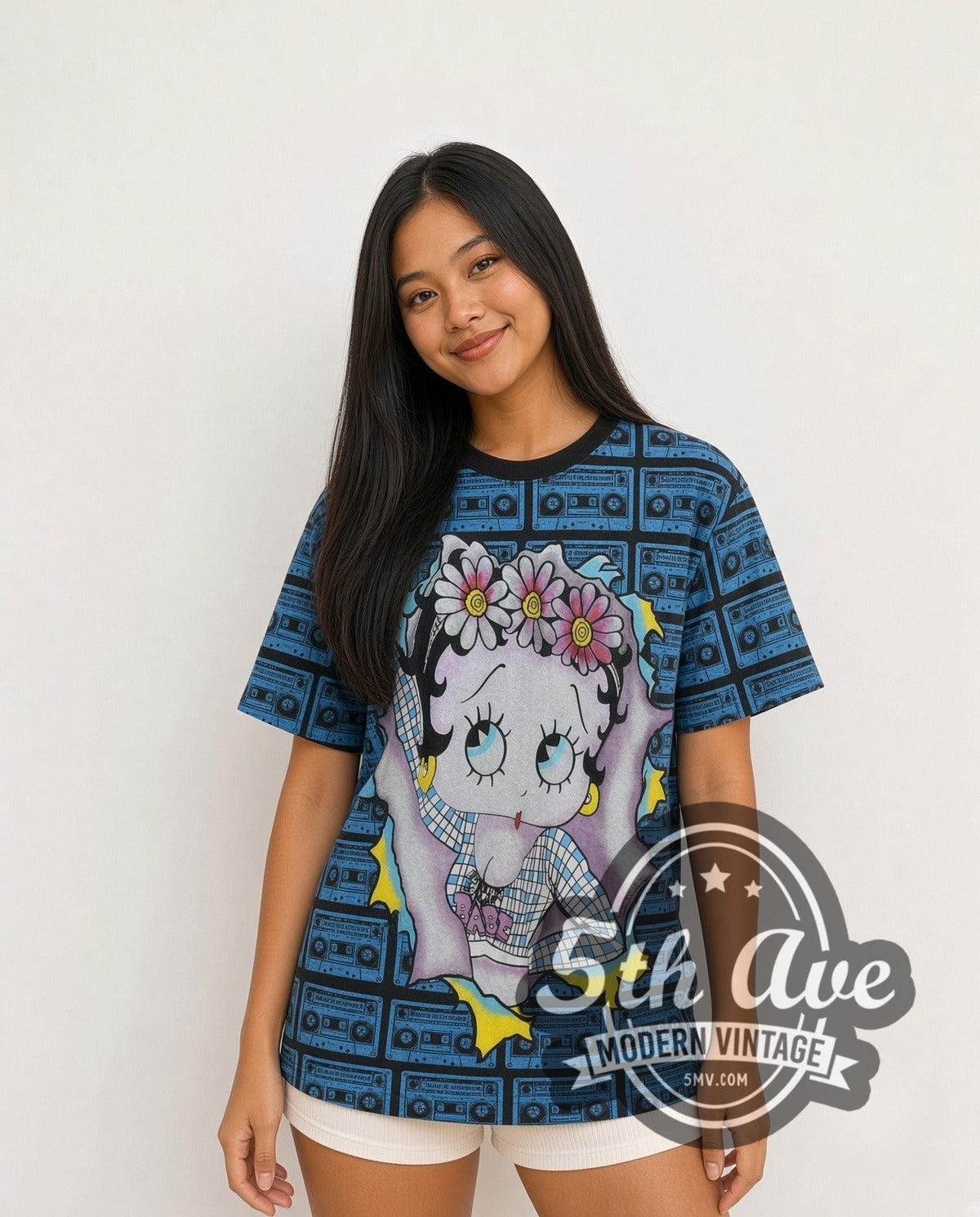 Model wearing the Betty Boop Vintage Animation T-Shirt Iconic Design all-over-print vintage cartoon tee