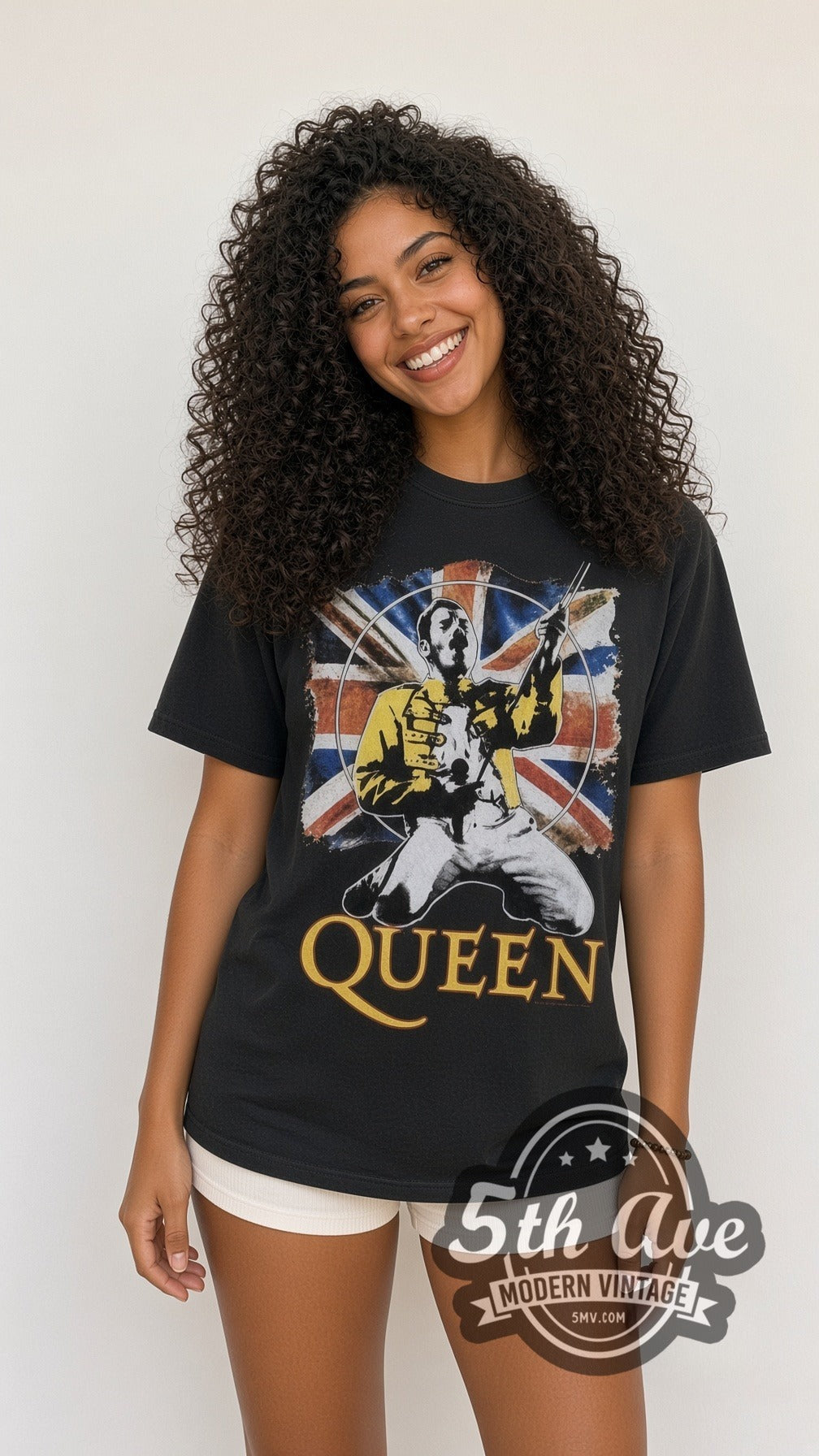 Model wearing the Queen Freddie Union Jack vintage band t-shirt in black