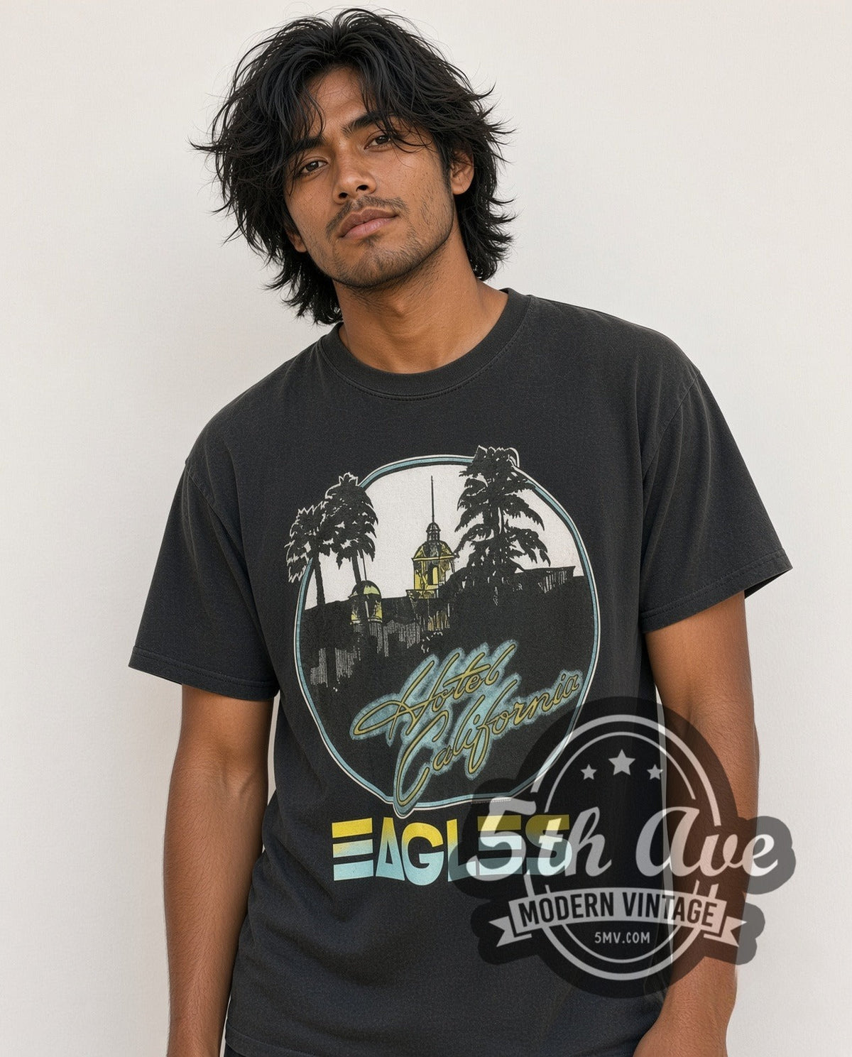 Model wearing the Eagles Hotel California vintage band t-shirt