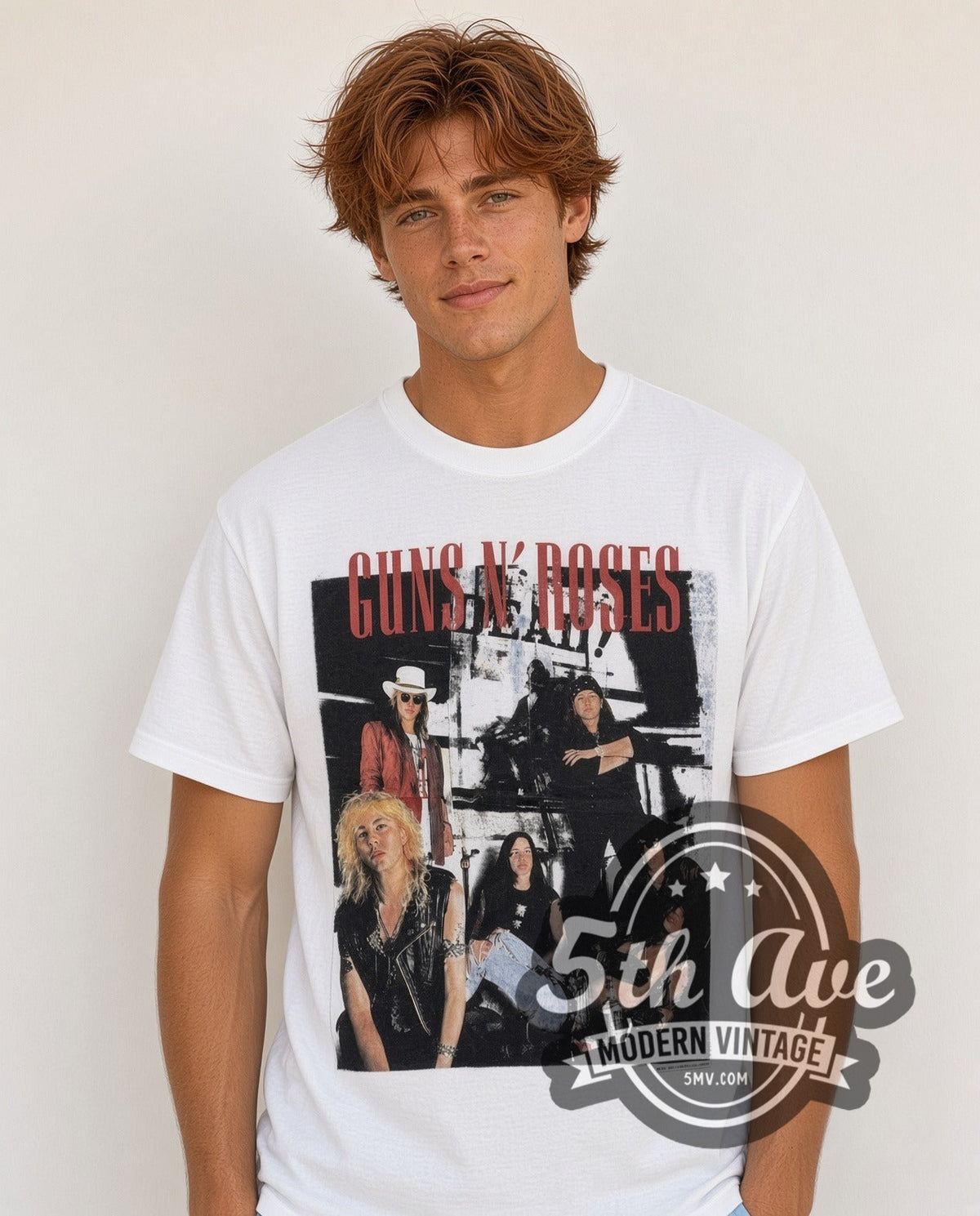 Model wearing the Guns N Roses Band Photo vintage band t-shirt in white
