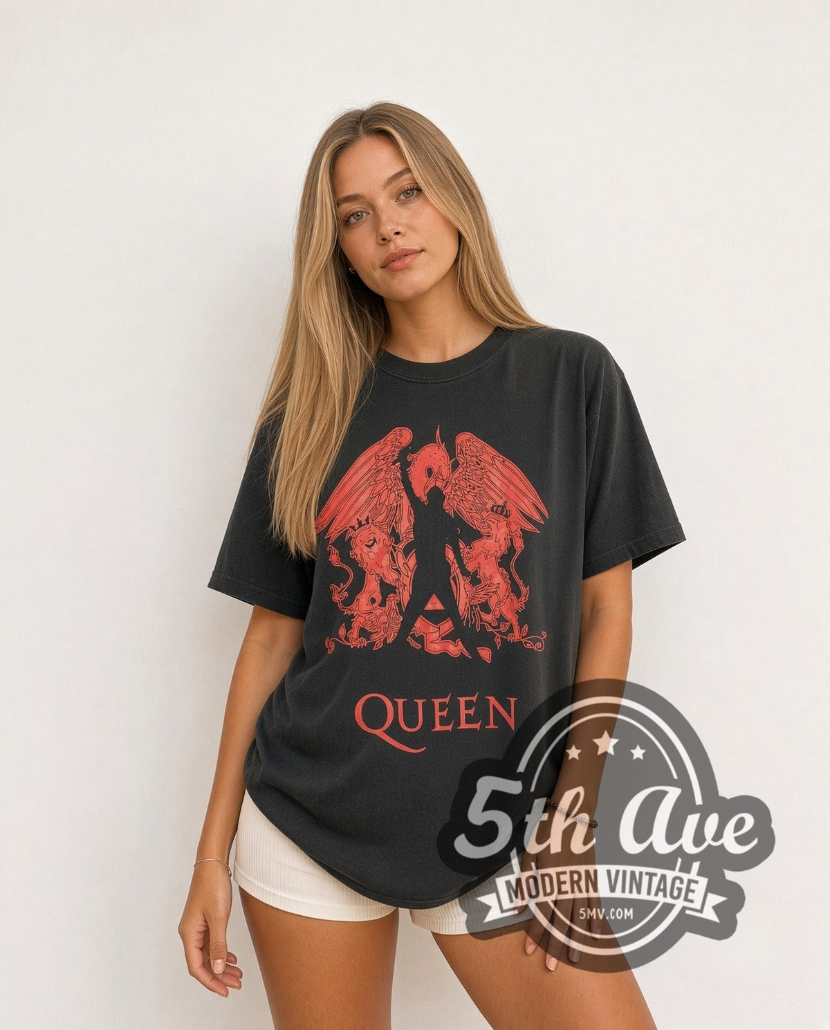 Model wearing the Queen Red Freddie Silhouette Crest vintage band t-shirt