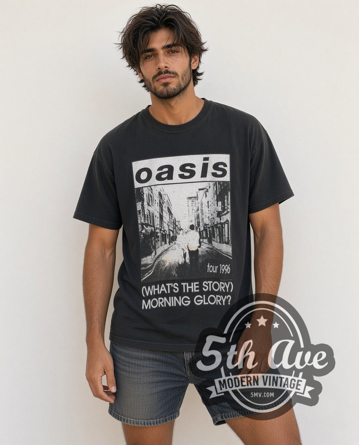 Model wearing the Oasis Morning Glory Berwick Street Tour 1996 vintage band t-shirt