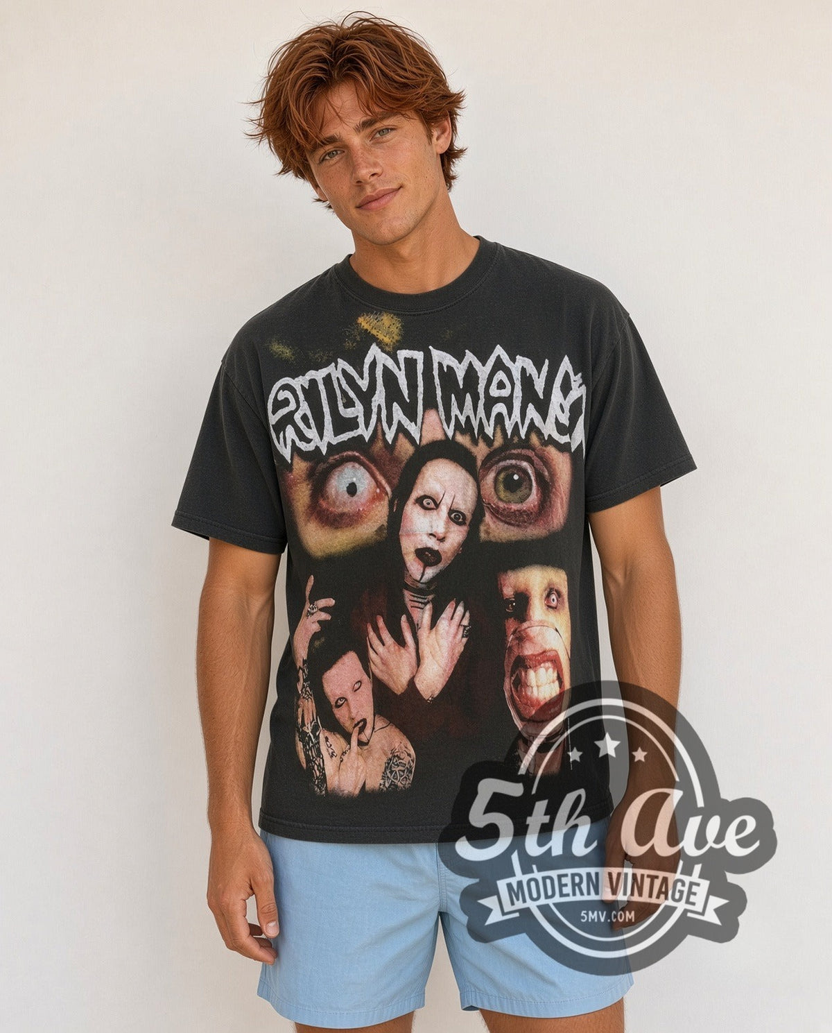 Model wearing the Marilyn Manson all-over-print vintage band t-shirt